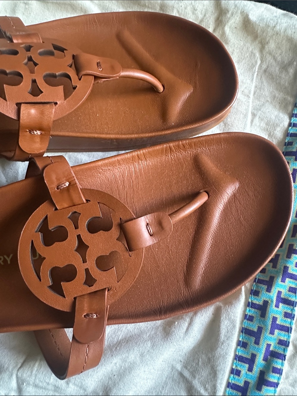 Tory Burch Cognac Leather Logo Thong Sandals